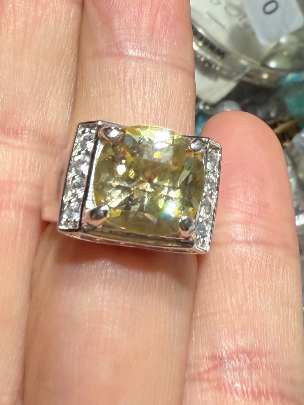 925 Sterling Silver Canary Yellow Cushion Cut Halo Ring Size 7